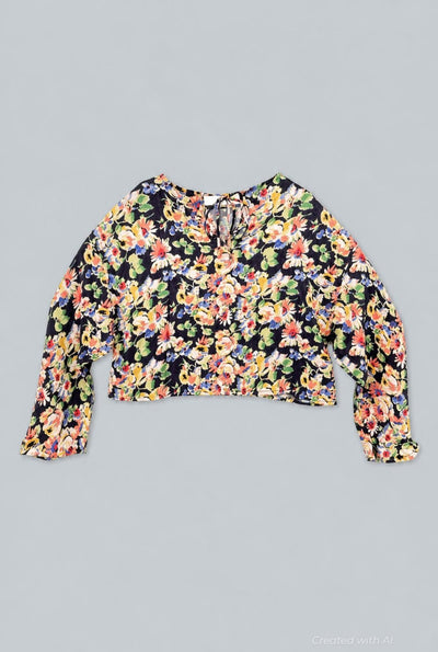 Floral Silky Long Sleeve Cropped Top - Navy Combo - Crop Top