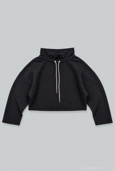 Funnel Neck Sweatshirt With Drawstring - Black - Sweatshirt