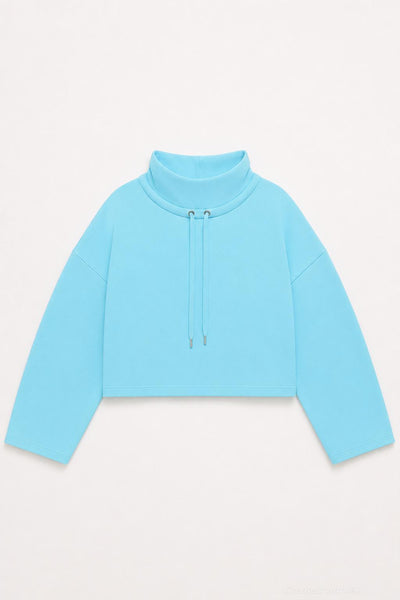 Funnel Neck Sweatshirt With Drawstring - Blue - Sweatshirt