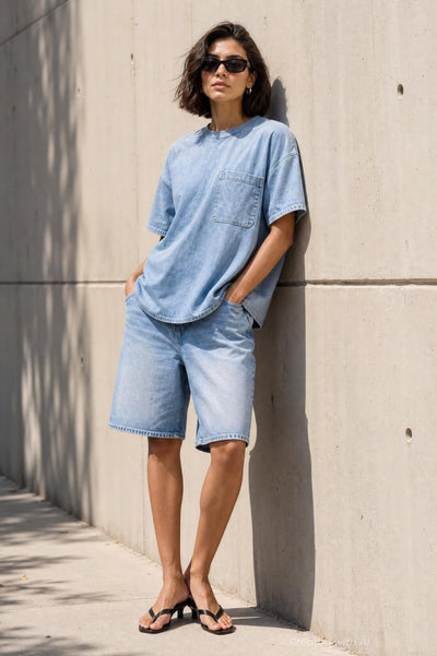 GAP × BÉIS Adult Knit Denim Baggy Shorts - Light Blue Shadow - Denim Short