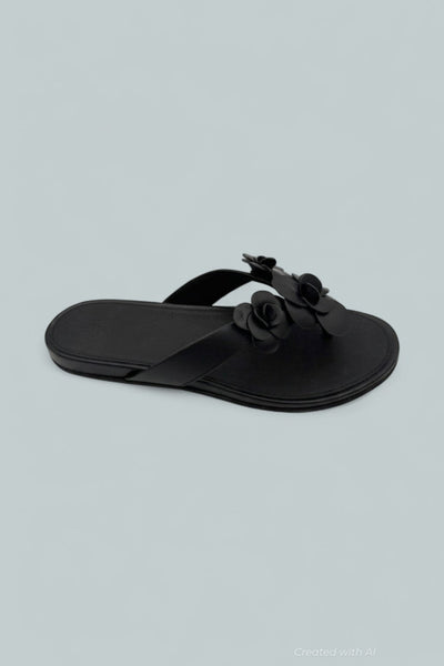 Gracie Flower Leather Flip Flops - Black - 8 - Flip Flop
