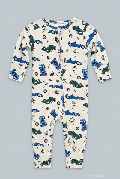 Green Blue Nasar Convertible Romper - Race Cars - Romper