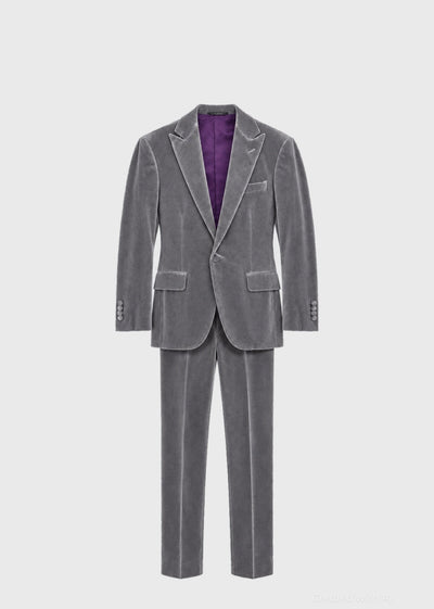 Grey Cotton Velvet 1-Button Peak Phillip Suit - Silver - 38 Regular - Suit
