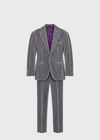 Grey Cotton Velvet 1-Button Peak Phillip Suit - Silver