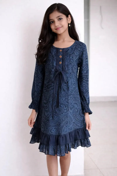 Printed Ruffle Hem Dress - Navy