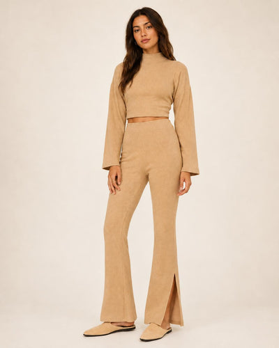 Ribbed Textured Flare Pants With Slits - Camel