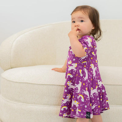 Swirly Girl Short Sleeve Dress - Grecian Unicorn Purple - Dresses