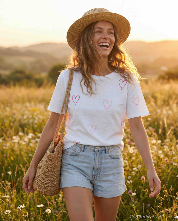 Heart Stitch Wide T-Shirt - White - T-shirt