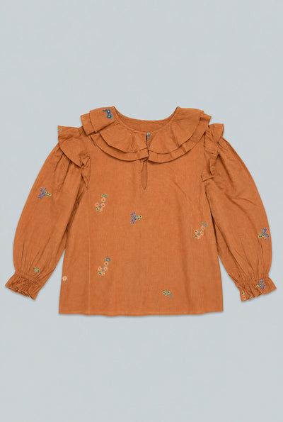Embroidered Ruffle Top - Camel