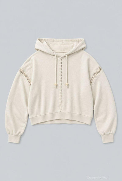 Hoodie With Lace Details And Beads - Ivory - Hoodie