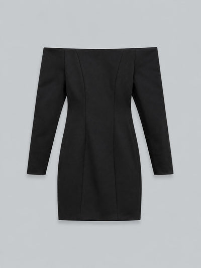 Off-Shoulder Long-Sleeve Mini Dress - Black