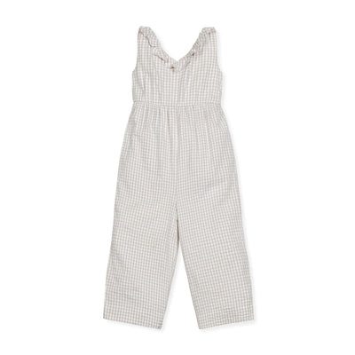 Ruffle Neck Organic Jumpsuit - Taupe Gingham Seersucker - Jumpsuit