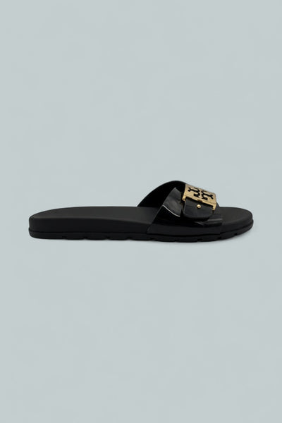 Women's Slip On Buckled Slide Sandals - Perfect Black