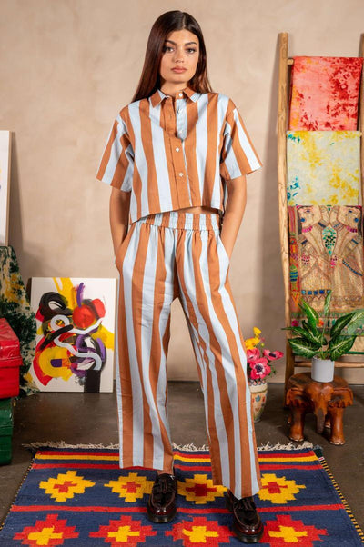 Hand Printed 'Seema' Pants - Blue And Brown Stripes