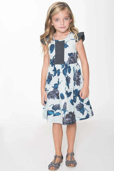 Cotton Woven Girls Dress - Light Blue Floral