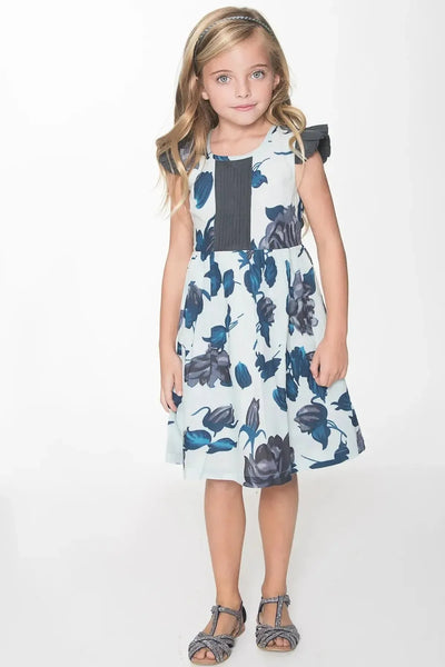 Cotton Woven Girls Dress - Light Blue Floral