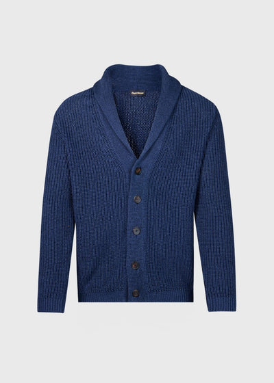 Cotton Linen Shawl Collar Cardigan - Blue