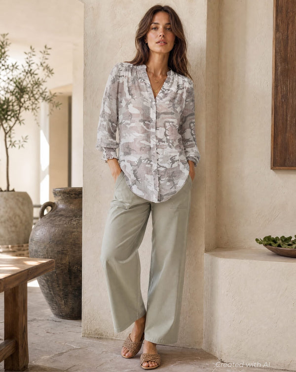 Jenny Collarless Shirt - Grey Camo - Button Down Shirt