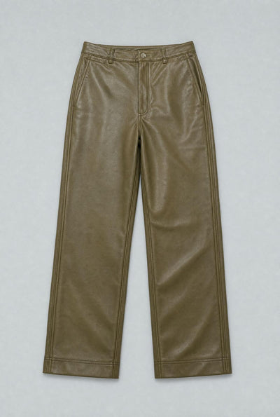 Faux Leather Straight Leg Pants - Army