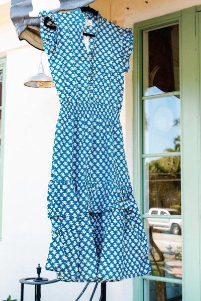 Cornelia Cotton Dress - Royal Blue Stamp