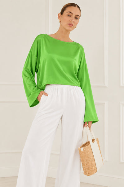 Silky Long Sleeve Cropped Top - Green