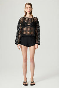 Black Boat Neck Mesh Top - Black
