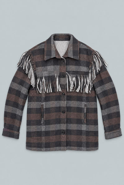 Plaid Fringe Shirt Jacket - Gray