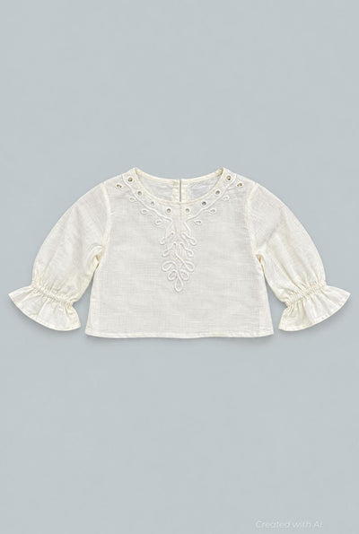 Kid’s Cropped Embroidered Blouse With Cinched Sleeves - Ivory - Blouse