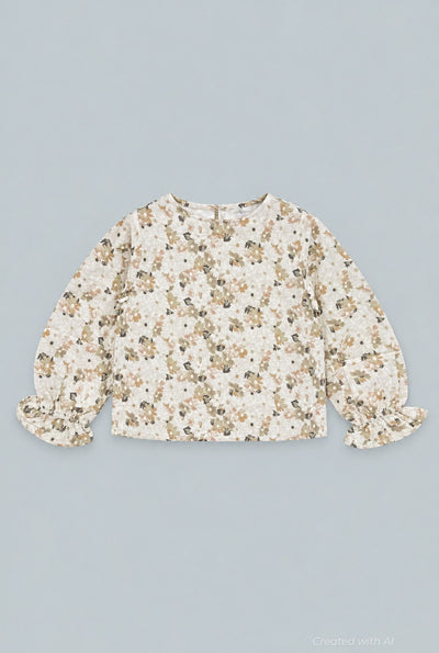 Kid’s Cropped Floral Blouse With Cinched Sleeves - Tan Combo - Blouse