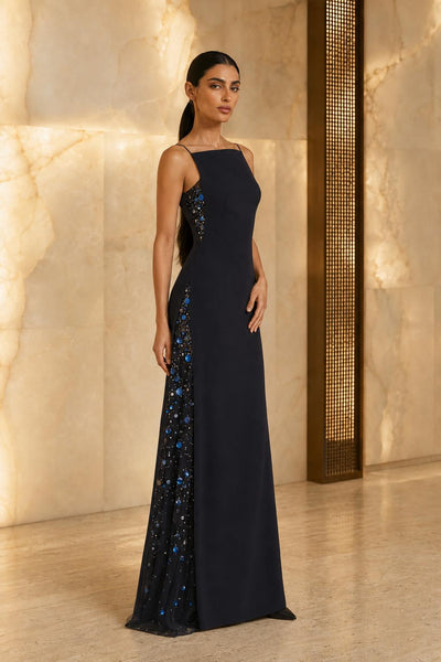 Leah Long Dress - Midnight Navy With Multi/Blues Embellishments