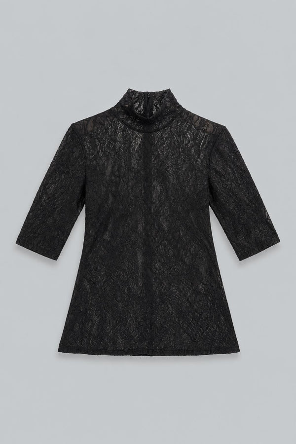 Turtleneck Lace 3/4 Sleeve Top - Black
