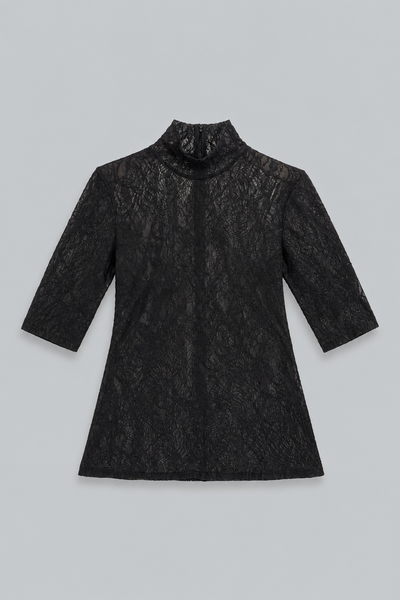 Turtleneck Lace 3/4 Sleeve Top - Black