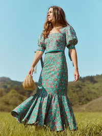 Patsy Fluted Pencil Skirt - Teal & Cerise Floral Print