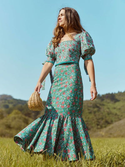 Patsy Fluted Pencil Skirt - Teal & Cerise Floral Print