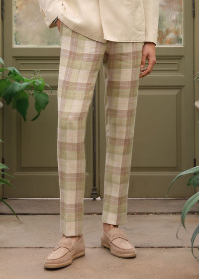 Linen & Cotton Plaid Trousers - Sage - Trouser