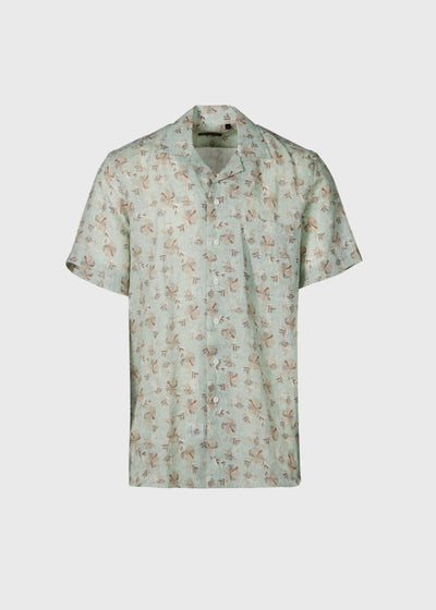 Linen Leaf Print Camp Shirt - Mint - XL (44) - Button Down Shirt