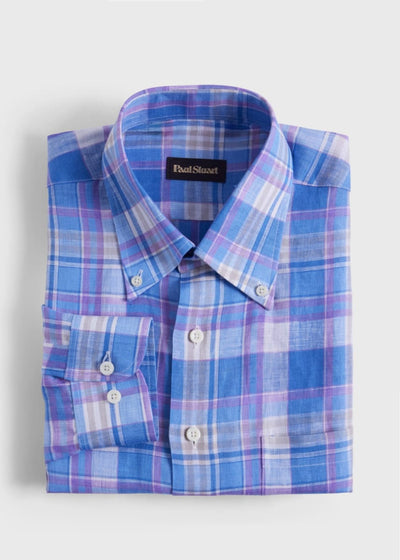 Linen Multicolor Plaid Sport Shirt - Blue/Purple - XL (44) - Collared Shirt