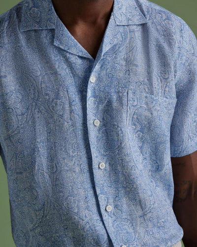 Linen Paisley Print Camp Shirt - Light Blue - Collared Shirt