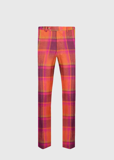 Linen Plaid Dress Trouser - Coral - Trouser