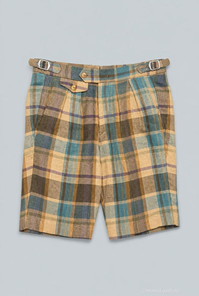 Linen Plaid Dress Walk Shorts - Plaid Blue - 32 - Bermuda Shorts