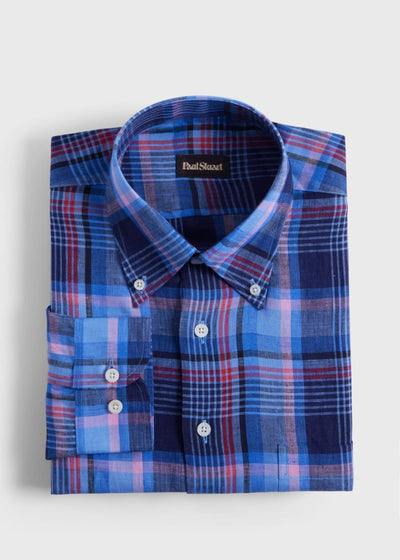 Linen Plaid Sport Shirt - Purple/Navy/Blue - Collared Shirt