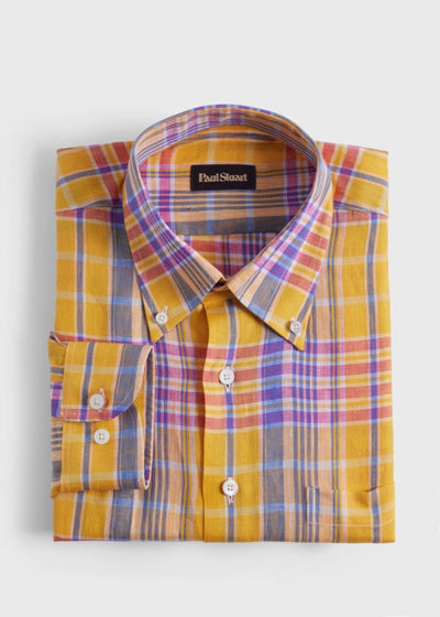 Linen Plaid Sport Shirt - Yellow/Purple - S (38) - Collared Shirt