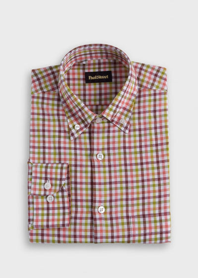 Linen Small Check Sport Shirt - Burgundy/Lime - XL (44) - Collared Shirt