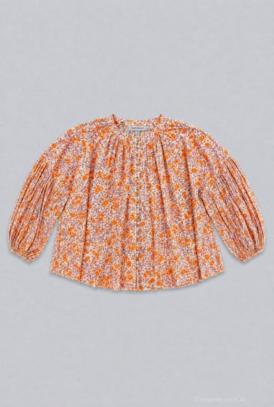 Long Sleeve Flowy Button Up - Orange Combo - Blouse