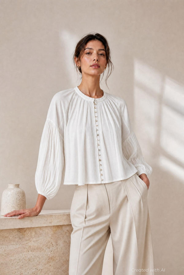 Long Sleeve Flowy Button Up - White - Button Down Shirt