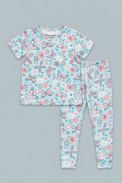 Big Kid Pajama Short Sleeve - Butterfly Aqua
