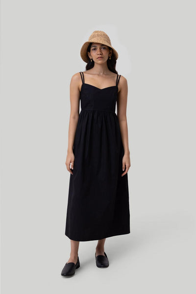 Strappy Gathered Midi Dress - Black - Dresses