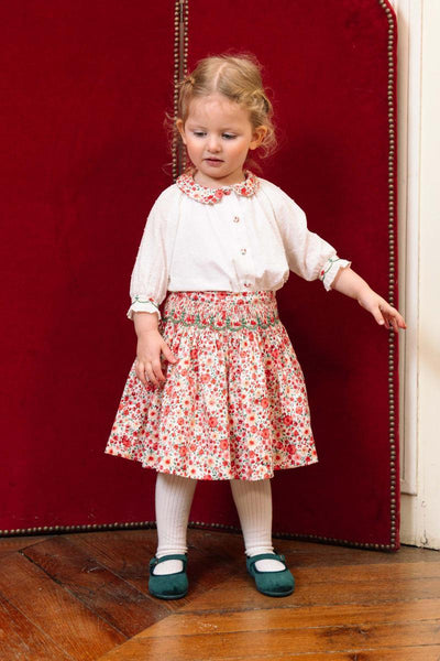 Marie Smocked Skirt And Blouse Set - Red/Floral/White