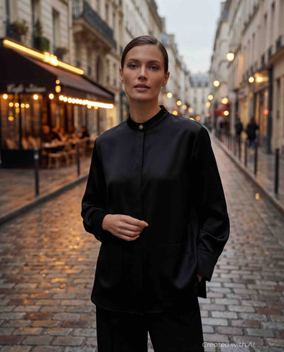 Mandarin Collar Shirt - Black - Collared Shirt