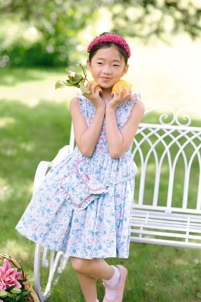Marguerite Frilled Sleeveless Smocked Dress - Blue Floral - 6M - Dresses